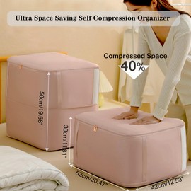 DCWINNES Ultra Space Saving Self Compression Organizer, 2 Pack Compression Storage Bags with Transparent Window,Space Saver Bags for Storing Clothes, Comforters, Blankets, Pillows(Pink,54x42x50cm)