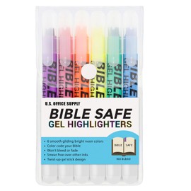 US Office Supply U.S. Office Supply Bible Safe Gel Highlighters, 6 Pack Set - 6 Different Bright Neon Fluorescent Highlight Colors Yellow, Orange, Pink, Purple, Green, Blue - Won't Bleed, Fade or Smear - Study Guide