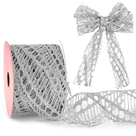 914 cm Satin Ribbon, Glitter Christmas Tree Ribbon, Garland, Christmas Ribbon, Wire Ribbon for Bowmaking, Crafts, Wreaths, Accessories, Gift Wrapping (Silver)