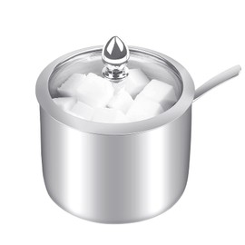 KEMIYIXIAN stainless steel sugar bowl with clear lid and spoon, polished shiny condiment jar for serving sugar - 12 Ounces/360 Millilite