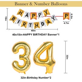 NANINUNENO 34th Gold Birthday Decorations, Gold Black Silver Happy Birthday Balloons Supplies for Boy Men Girl Women, 34 Birthday Party Set with 34 Gold Number Balloons Happy Birthday Banner