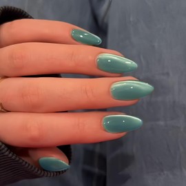 KQueenest Cat Eye Teal Green Press on Nails Almond Shape, 30 Pcs Glitter Fake Nails Medium, Thick Sparkly Glass Nails Press on, Shiny Acrylic Nails, Cute Bling Stick on Nails for Women