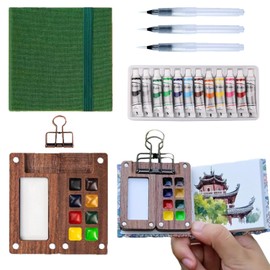 Aimery Portable Miniature Watercolor Palette Travel Set, Tiny Mini Small Paint Painting Pallete Water Color Painting Travel Art Kit with Sketchbook & Wooden 8 Grid Paint Box