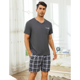 Leversic Two-piece pyjamas men's short cotton with checked V-neck, shorty pyjamas men's set summer sleepwear pyjamas for men, 308-Dark Grey