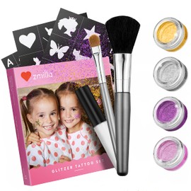 Zmilla® Glitter Tattoo Set for Children (4 Colours, 52 Stencils) Glitter Tattoos for Girls with Extra Large Tins (3 g Each) - Includes 2 Brushes & Glue