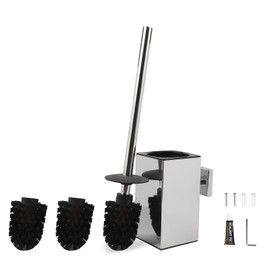 EXLECO Stainless Steel Toilet Brush with 2 Replacement Brushes Water Collection Container Toilet Brush and Container Set Wall Mounted Standing with Lid Toilet Brush Holder Bathroom Accessories Toilet