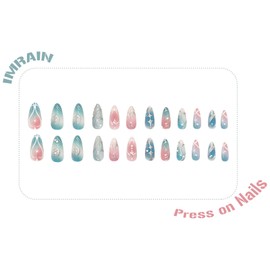 IMRAIN Press on Nails Medium Almond, Blue Pink Ombre Fake Nails, Silver Star Moon Totem Designs, Full Cover Glossy Acrylic False Nails with Nail Glue, 12 Sizes - 24 Pcs