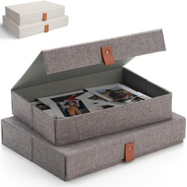 Decorative Photo Storage Boxes with Lids - Set of 2 Beautiful Linen Organizers Are Perfect to Safely Store Your Pictures, Documents, Scrapbooking Supplies, Keepsakes and Other Memories in Style
