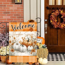 HOMFREEST Fall Pumpkin Garden Flag 12x18 Inch Double Sided Burlap Outside Floral Welcome Orange Farmhouse Autumn Seasonal Thanksgiving Rustic Yard Outdoor Decoration
