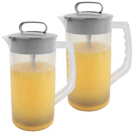 Hlimior 2 Pack Mixing Pitcher for Drinks 2 Quart/ 64oz Plastic Water Pitcher with Lid，Easy-Mix Juice Container，Angled Plastic Blades and Adjustable Mixer Plunger for Juice, Tea, Beverage Container