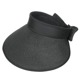 Women's Wide Brim Straw Roll Up Sun Visor Hat Cap Black