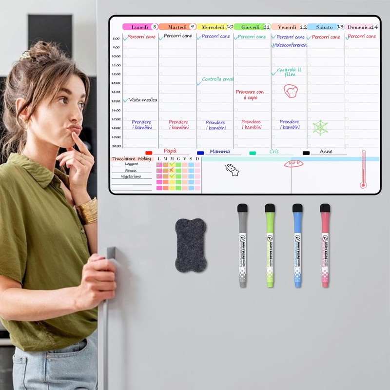 POPRUN Magnetic Family Planner Weekly Planner Magnetic Board Fridge Wipe