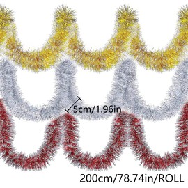 Christmas Tinsel Garland, 3PCS 2m Classic Artificial Christmas Pine Garland for Home Garden Party Decorations (Gold, Silver, Red)