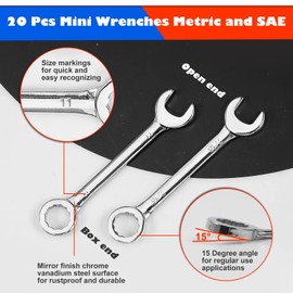 LEONTOOL Small Wrench Set Metric And SAE 20 Pcs Mini Wrenches Open End Box End Wrench Set with Key Rings, Metric 4-11mm And SAE 5/32 To 7/16 Inch, Ignition Wrenches Labor Day Gifts Tool Gift for Men