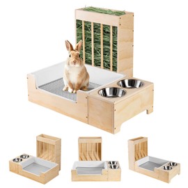 Essenhome Large 3 in 1 Rabbit Litter Box with Hay Feeder and Bowls Set, Wood, Mess Proof, for Guinea Pigs, Chinchillas, Hamsters, and Rabbits