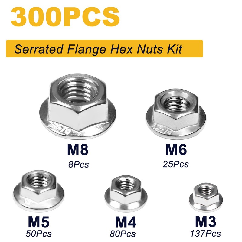 300 Pcs Serrated Flange Hex Nuts Kit, M3 M4 M5