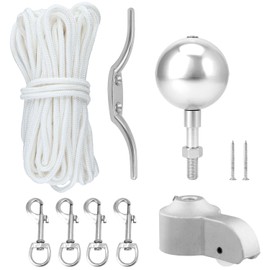 QWORK® Flagpole Accessory Set, Repair Parts Including Topper with Pulley, Ball Tip, 15 m Nylon Rope, Carabiner and Cleat, Flagpole Repair Kit, Silver