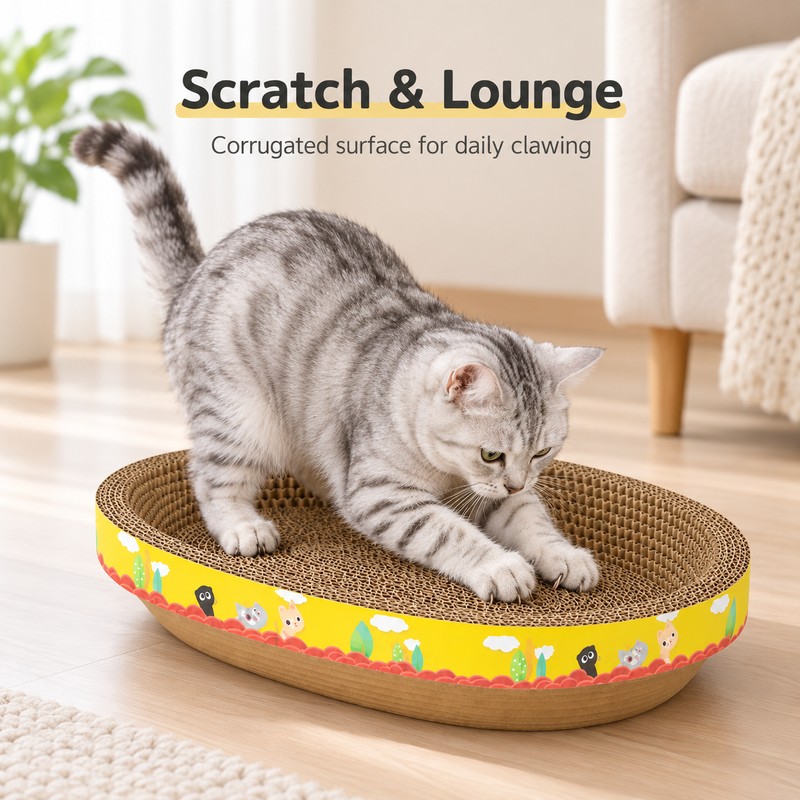 AQVELLO Corrugated Cat Scratcher Bed for Daily Clawing – Oval