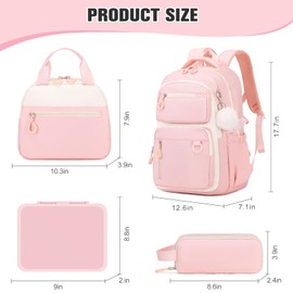 Bevalsa School Backpack for Girls, Bookpack with Bento Lunch Box, Insulated Bag & Utensils, 43oz Lunch Containers with 6 Compartment Schoolbag Set for Kids Elementary Middle Student (Pink)