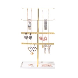 Necklace Bracelet Earring Holder Stand, Multi-Use Jewelry Display Organizer with Tray, T-Bar Metal Jewellery Organizer Stand, Jewelry Hanger Tower Rack for Women (Gold)