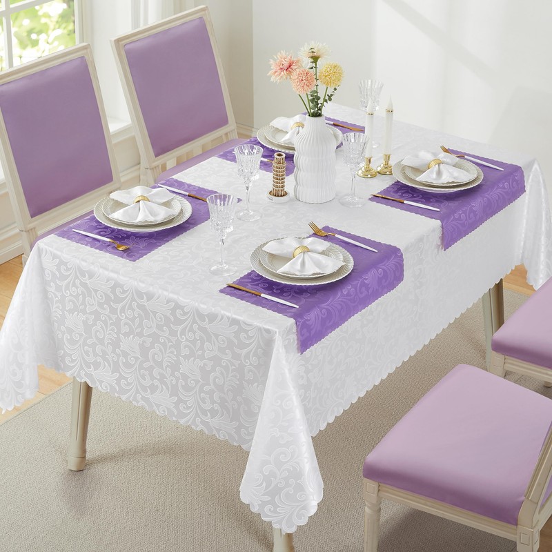 HommxJF Wave Scroll Damask Jacquard Rectangle White Tablecloth 60"x102"，Wipeable Table