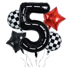 TONIFUL 40 Inch Race Car 5th Birthday Balloons - Racetrack Number 5, Wheel Tire, Black White Checkered, Star - Boys Car Themed Party Decor