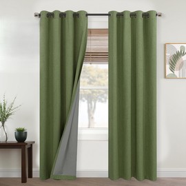 Mrs.Naturall Olive Green Curtains for Living Room,Grommet Boho Dark Academia Linen Blackout Curtains for Bedroom 84 Inch Length 2 Panels Set,Moss Pine Green