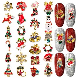 JERCLITY 24 Pieces Alloy Christmas Nail Charms Christmas Nail Studs Diamond 3D Nail Glitter Rhinestone Jingle Bells Christmas Tree Snowman Sock Snowflake hat Studs for Women Christmas Nail Art