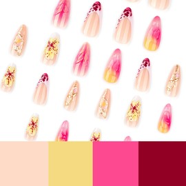 Flower Press on Nails Long Almond False Nails French Tip Fake Nails with 3D Ripple Pink Yellow Gradient Design Gold Pattern Glue on Nail Summer Hawaiian Floral Stick on Nail for Women 24Pcs