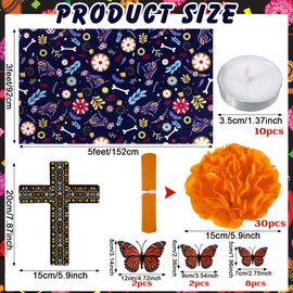 54 Pcs Dia De Los Muertos Altar Ofrenda Day of The Dead Decoration Dog Memorial Set Including Dog Skulls Tablecloth, Marigold Flowers, Mexican Cross, Butterflies and Candles for Fiesta Pet Remembrance