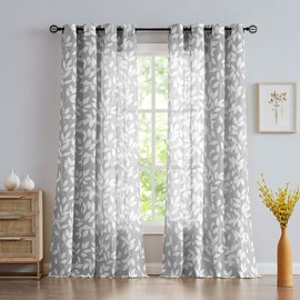 Treatmentex White and Grey Curtains for Bedroom 84" Length Semi-Sheer Print Leaf Curtains for Living Room Windows, Grommet Top, 2 Pack