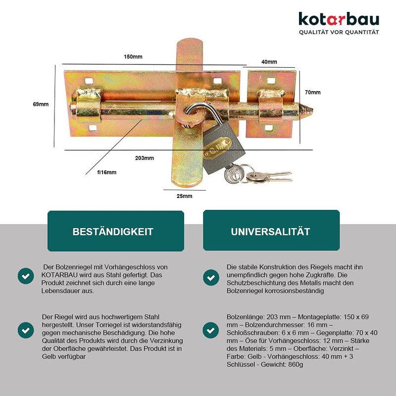 KOTARBAU® Bolt Bolt 150 mm with Padlock Double-Sided Lock Gate