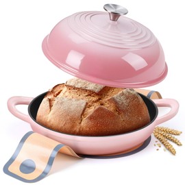 Round Bread Oven for Homemade Sourdough Bread Baking, Leonyo Enameled Cast Iron Dutch Oven Pot with Lid, 6 Quart, Pink