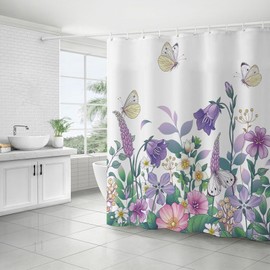 FAIRYGATE B9807 Shower Curtain Washable Anti-Mould Shower Curtain Bath Bathroom Shower Curtain Flowers White Shower Curtains Set with 12 Hooks Waterproof Bath Curtain 180 x 180 cm Polyester Fabric