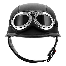 XFMT DOT German Style Motorcycle Half Helmet Open Face Crusier Leather Cap Helmet with Pilot Goggles XL