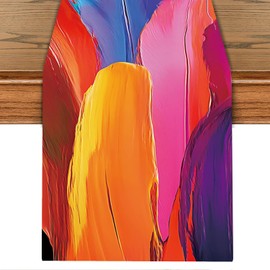 Vibrant Abstract Art Table Runner – 13x72 Inch Colorful Brushstroke Design on Linen-Look Fabric, Modern Artistic Dining Table Decor for Home, Parties & Creative Spaces