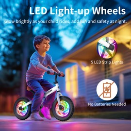 BELEEV C2 Toddler Balance Bike for 2-5 Year Olds with LED Light-Up Wheels, Adjustable Seat & Handlebar & Footrest, 12 inch No-Pedal Training Kids Push Bicycle - Birthday Gift for Boys & Girls (White)