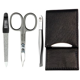 Sonnenschein by Hans Kniebes 3 Piece Pocket Manicure Case - Nail File, Tweezers, Nail Scissors - Nappa Lambskin Manicure Case - Black