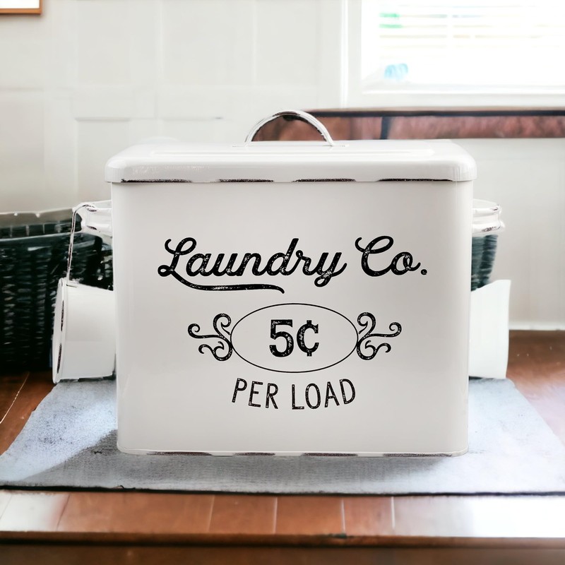 AuldHome Design Farmhouse Laundry Powder Container, White Enamelware Detergent Bin