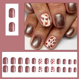 24Pcs Fall Maple Leaf Press on Nails Short Square Fake Nails Hand-Painted Short Nails Glossy Nude with Leaves Designs Acrylic Nails Shiny Brown Nail Tips Full Cover Glue on Nails for Women Girls