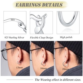 Deyanse Hoop Earrings 925 Silver, 3 Pairs 925 Sterling Silver Hoop Earrings Set, Hypoallergenic Sleeping Cartilage Huggie Round Hoop Earrings, 13/16/20 mm Unisex Hoop Earrings Silver Women's Earrings