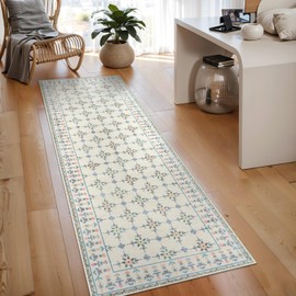 LEEVAN Kitchen Runner Rug for Hallway,2x6 Soft Farmhouse Floral Washable Hallway Runner,Beige Checkered Boho Non Slip Low Pile Wool Indoor Kitchen Runner for Bathroom,Entryway,Bedroom,Porch,Laundry