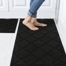 COSY HOMEER Soft Kitchen Rugs [2 PCS] for in Front of Sink Super Absorbent Kitchen Floor Mats and Mats 20x30 Inch/20X48 Non-Skid Kitchen Mat Standing Mat Washable,Polyester,Black