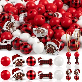 190 Pcs Dog Wood Beads Paw Bone Wooden Beads Puppy Paw Footprint Spacer Bead Christmas Wooden Beads Craft Buffalo Plaid Bead for Jewelry Making Bracelet Charms Tree Decor DIY Holiday Party Supplies