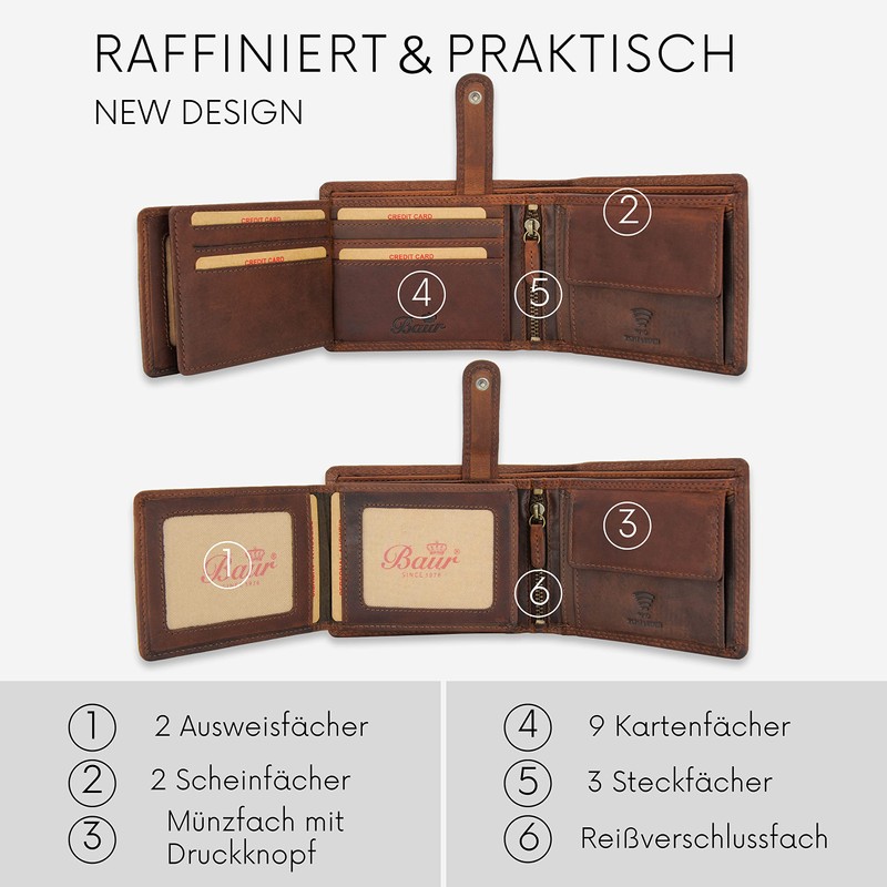 Baur Men's Genuine Leather Wallet with RFID Protection, Landscape Format,