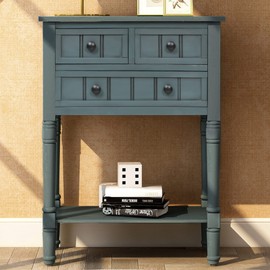 P PURLOVE Sofa Table with Drawers Entryway Table Wood Console Table with 3 Storage Drawers and Bottom Shelf, Easy Assembly, for Living Room, Entryway (Navy)