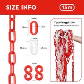 SWAWIS 15 m Plastic Barrier Chain, 6 mm Thick Red/White Plastic Chain, Warning Chain with S Hooks, Link Chain, Safety Chain for Construction Sites Roads Garages, Lightweight and Flexible to Use