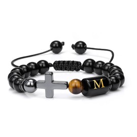 Vinswet Mens Bracelet, Cross Bracelet Letter A-Z Initial Bracelet for Men Onyx Tigers Eye Beaded Bracelet Religious Christian Bracelet Anniversary Birthday Gifts for Men Dad Husband Son Mens Jewelry