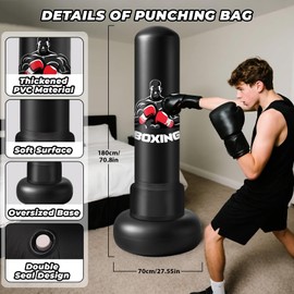 Boxsack Erwachsene, 180 cm Schwerer Boxsack Stehend mit Boxhandschuhen und Luftpumpe, Aufblasbar Boxsack Gefüllt für Kampfsport Standboxsack Geschenk für Taekwondo, Black Boxing Bag Kinder