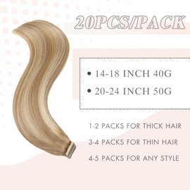 YDDM Tape-In Real Hair Extensions, 20 Pieces, 40 cm, 40 g, Light Brown with Golden Blonde, Invisible Tape Extensions, Real Hair Skin Weft Hair Extensions (16 Inches, 10/10/22#)